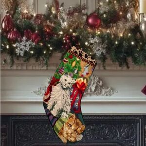 Vintage Needlepoint Christmas Stocking Cats Christmas Tree Presents